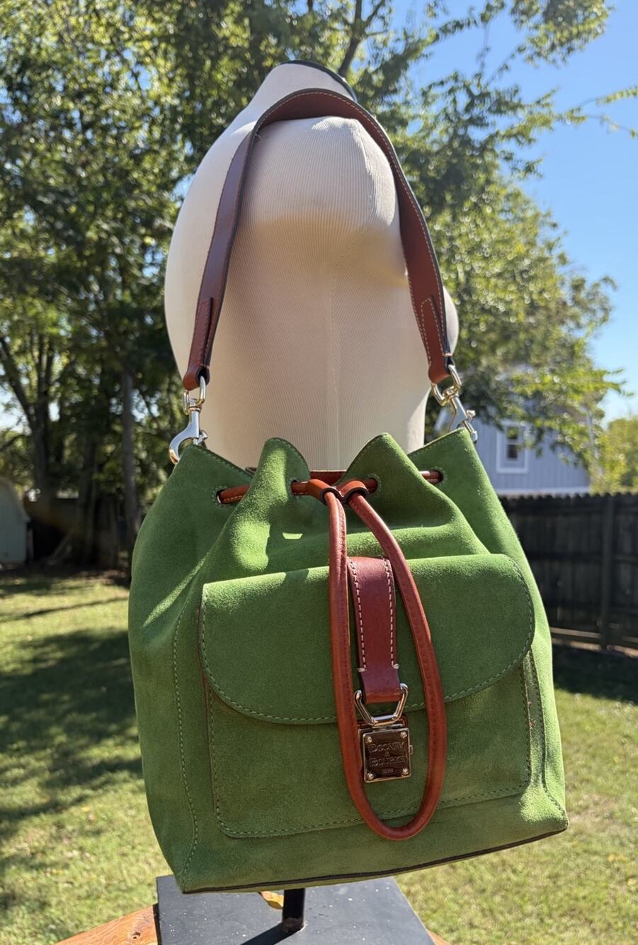 Dooney & Bourke Green Suede Leather Bucket Bag Shoulder Purse Rare